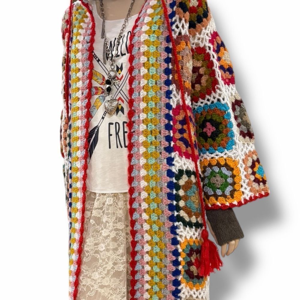 Floral Granny Square Crochet Hooded Cardigan - Boho Festival Maxi Duster NWT - Picture 3 of 5